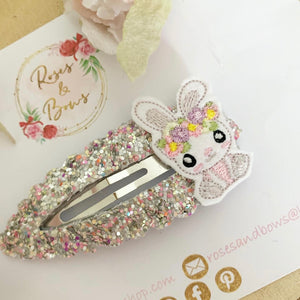 Easter Bunny Glitter and Felt large snap clip Grey and Pink